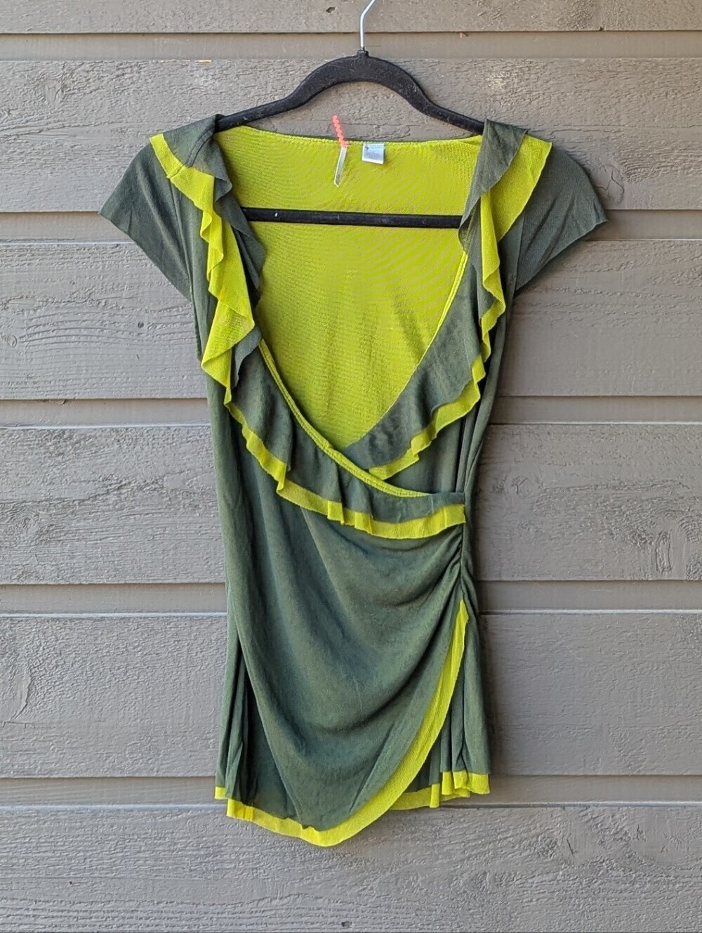 Anthropologie Ric Rac Y2K Stretchy Green Mesh Wrap Ruffle Knit Top Blouse Small